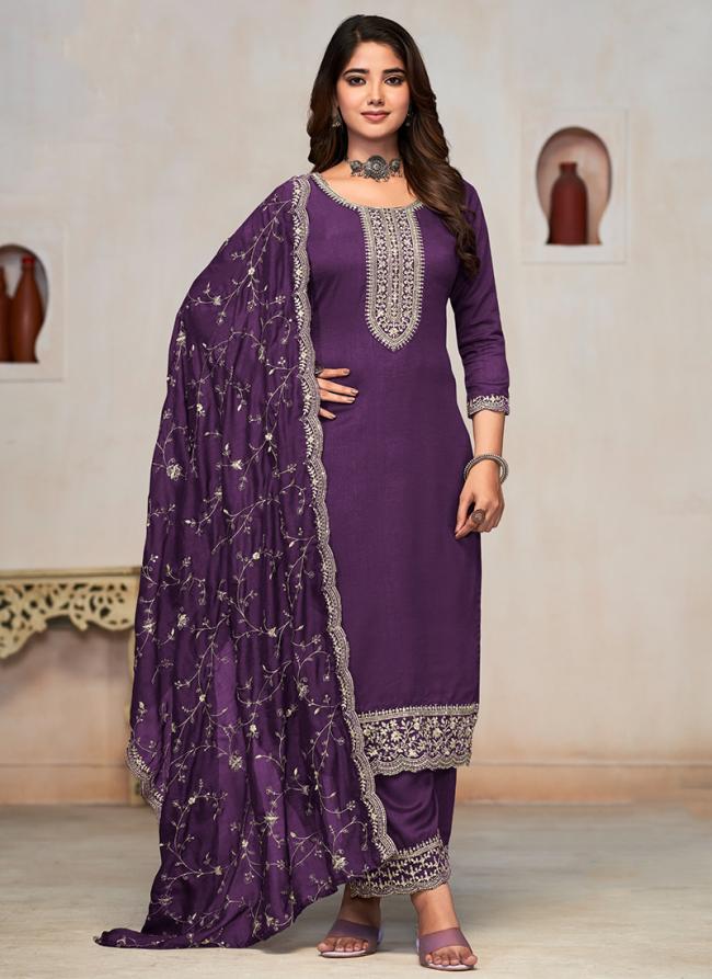 Pure Vichitra Purple Traditional Wear Embroidery Work Straight Suit